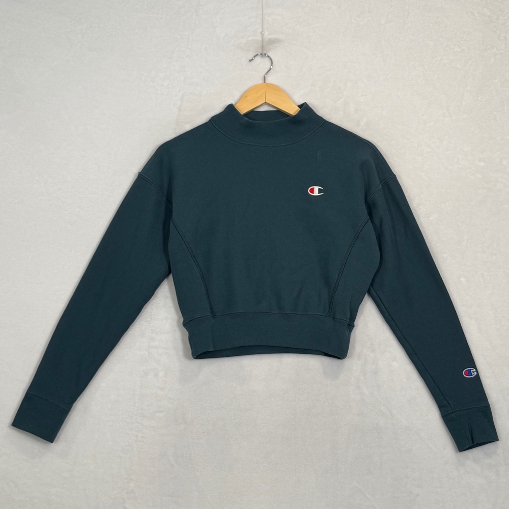 Vintage Champion Teal Reverse Weave Mock Neck Cropped Sweatshirt XS